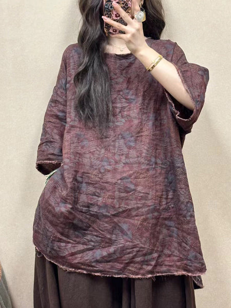 Women Summer Vintage Flower Raw-edge Linen Shirt BN1026 Ada Fashion