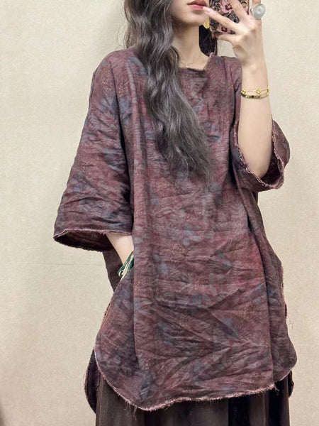 Women Summer Vintage Flower Raw-edge Linen Shirt BN1026 Ada Fashion