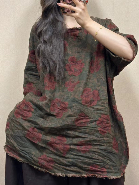 Women Summer Vintage Flower Raw-edge Linen Shirt BN1026 Ada Fashion