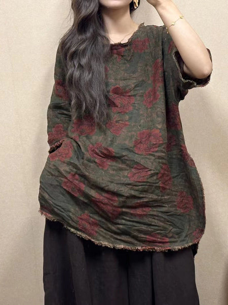 Women Summer Vintage Flower Raw-edge Linen Shirt BN1026 Ada Fashion