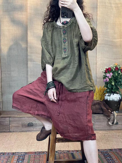 Women Summer Retro Embroidery Worn Ramie Shirt ZZ1029 Ada Fashion