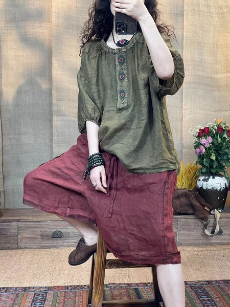 Women Summer Retro Embroidery Worn Ramie Shirt ZZ1029 Ada Fashion