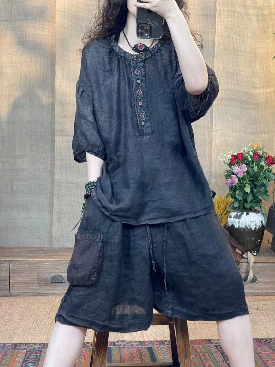 Women Summer Retro Embroidery Worn Ramie Shirt ZZ1029 Ada Fashion