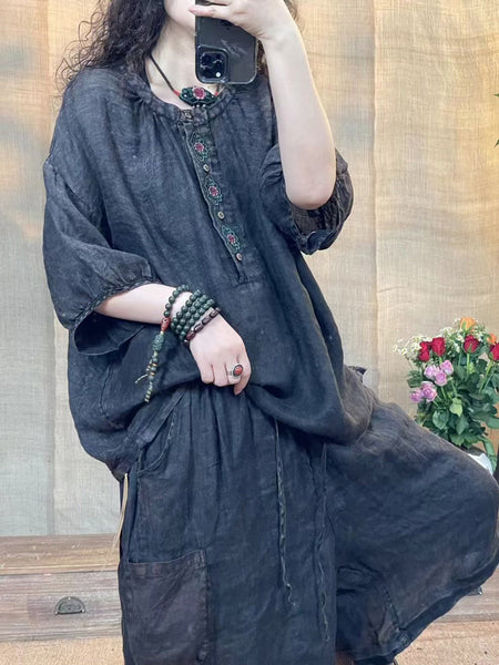 Women Summer Retro Embroidery Worn Ramie Shirt ZZ1029 Ada Fashion