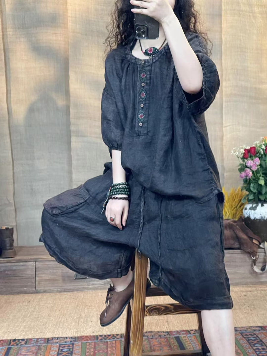 Women Summer Retro Embroidery Worn Ramie Shirt ZZ1029 Ada Fashion