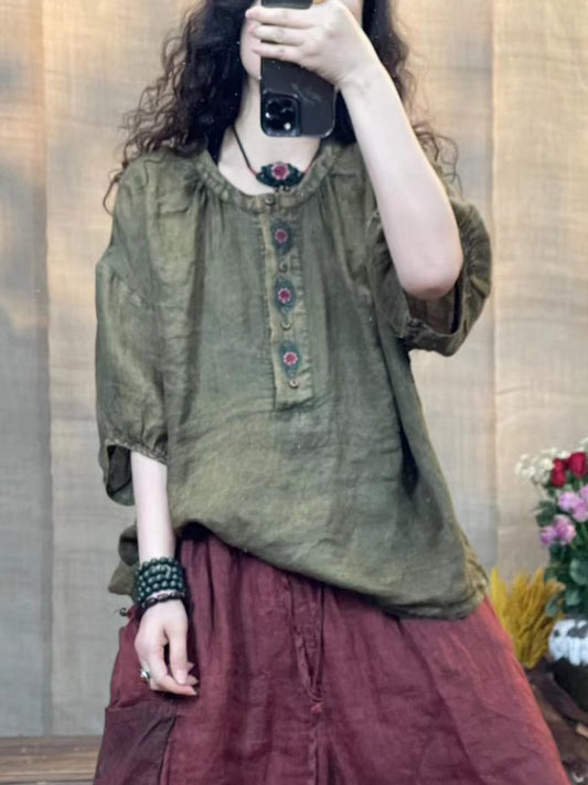 Women Summer Retro Embroidery Worn Ramie Shirt ZZ1029 Ada Fashion