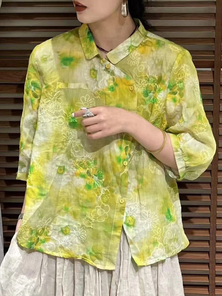 Women Summer Vintage Flower Slant Button-up Ramie Shirt ZZ1026 Ada Fashion