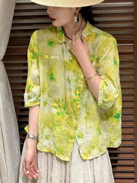Women Summer Vintage Flower Slant Button-up Ramie Shirt ZZ1026 Ada Fashion