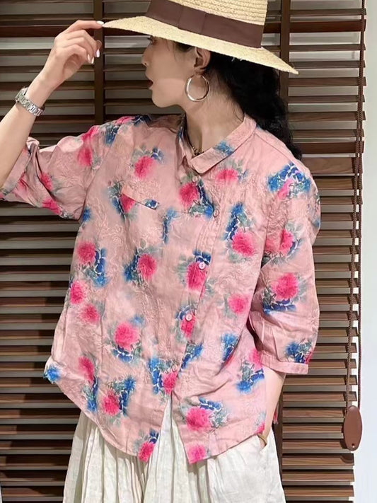 Women Summer Vintage Flower Slant Button-up Ramie Shirt ZZ1026 Ada Fashion