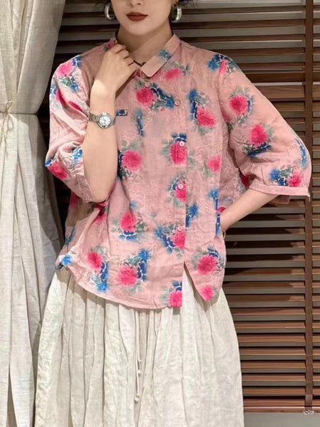 Women Summer Vintage Flower Slant Button-up Ramie Shirt ZZ1026 Ada Fashion