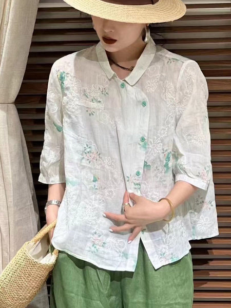 Women Summer Vintage Flower Slant Button-up Ramie Shirt ZZ1026 Ada Fashion