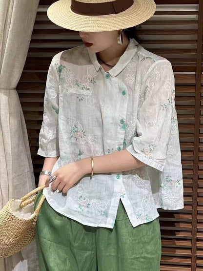 Women Summer Vintage Flower Slant Button-up Ramie Shirt ZZ1026 Ada Fashion