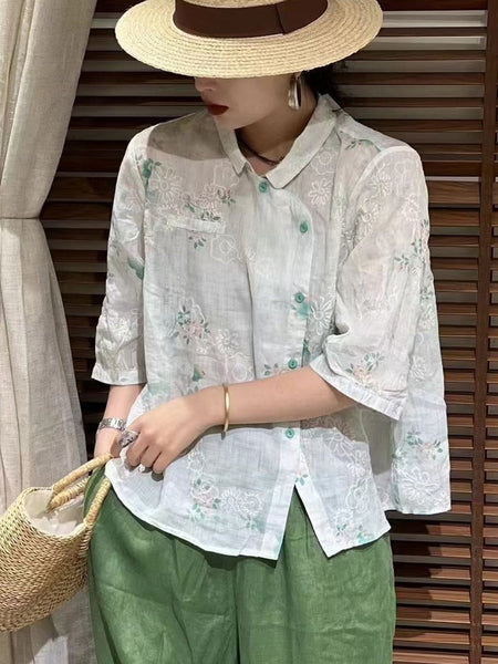 Women Summer Vintage Flower Slant Button-up Ramie Shirt ZZ1026 Ada Fashion
