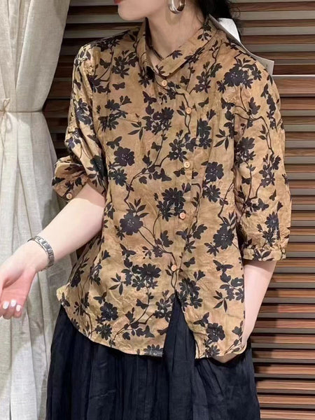 Women Summer Vintage Flower Slant Button-up Ramie Shirt ZZ1026 Ada Fashion