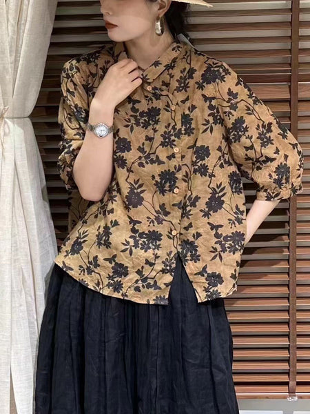 Women Summer Vintage Flower Slant Button-up Ramie Shirt ZZ1026 Ada Fashion