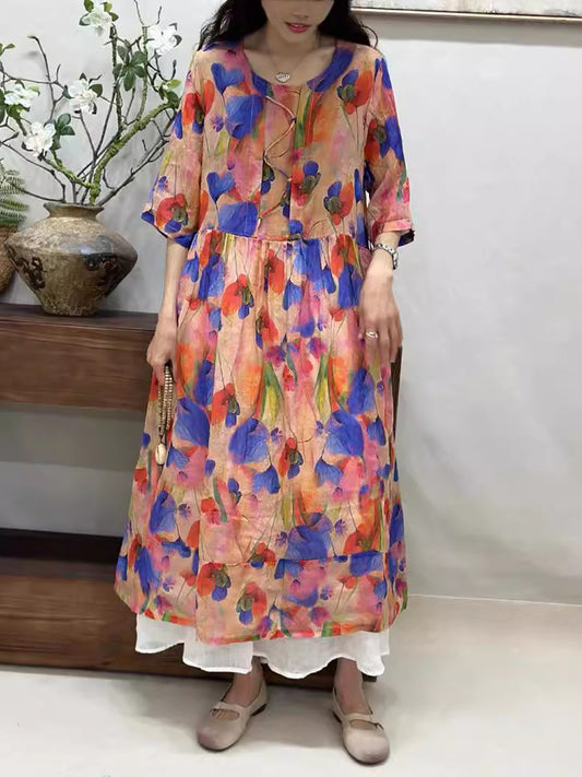 Women Summer Artsy Flower Loose Ramie Half-Sleeve Dress ZZ1033 Ada Fashion