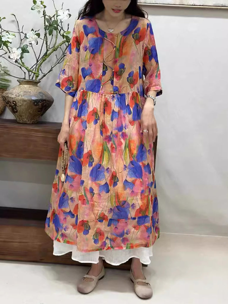 Women Summer Artsy Flower Loose Ramie Half-Sleeve Dress ZZ1033 Ada Fashion