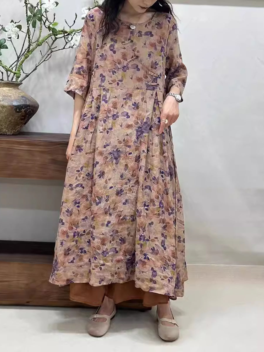 Women Summer Vintage Floral Buckle Ramie Loose Dress ZZ1032 Ada Fashion