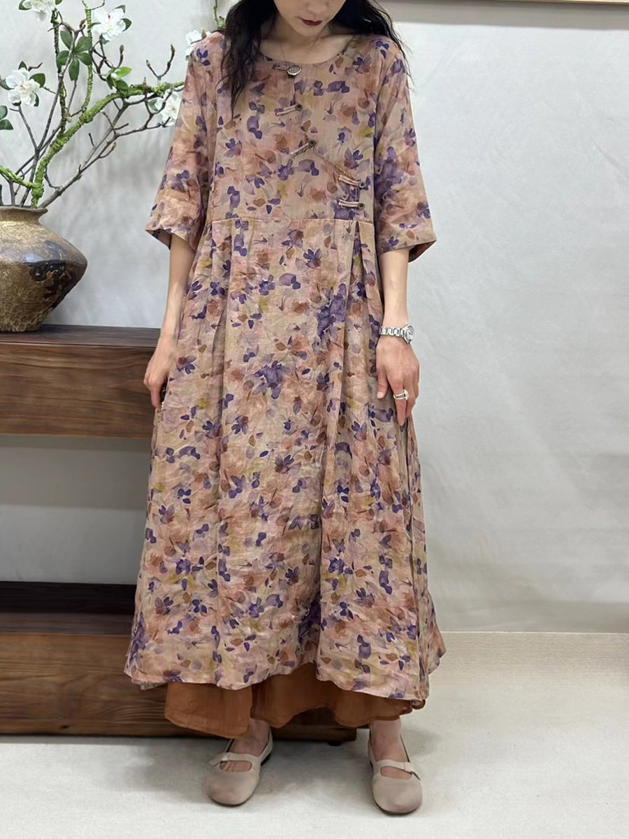 Women Summer Vintage Floral Buckle Ramie Loose Dress ZZ1032 Ada Fashion