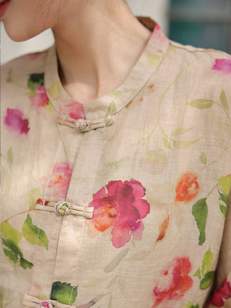 Women Vintage Flower Button-up Ramie Loose Shirt ZZ1035 Ada Fashion