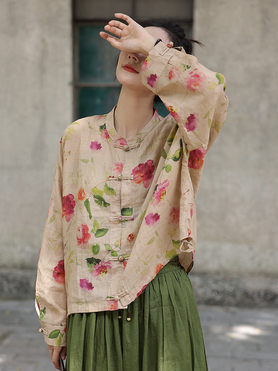 Women Vintage Flower Button-up Ramie Loose Shirt ZZ1035 Ada Fashion