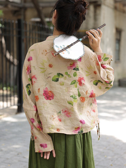 Women Vintage Flower Button-up Ramie Loose Shirt ZZ1035 Ada Fashion