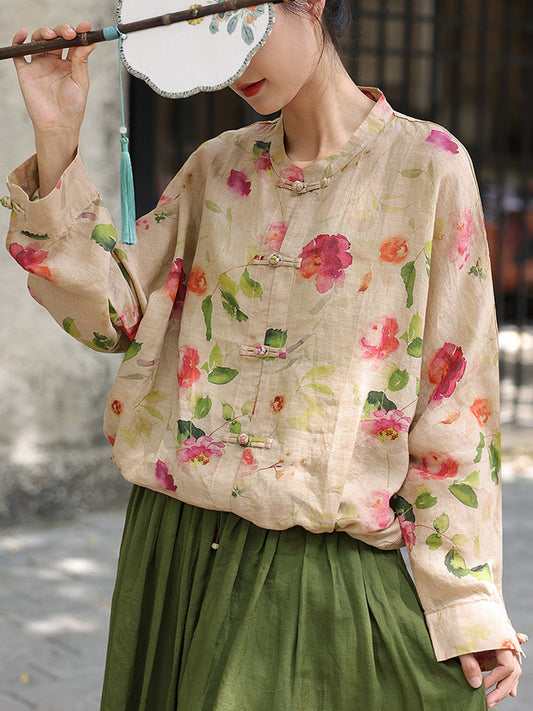 Women Vintage Flower Button-up Ramie Loose Shirt ZZ1035 Ada Fashion