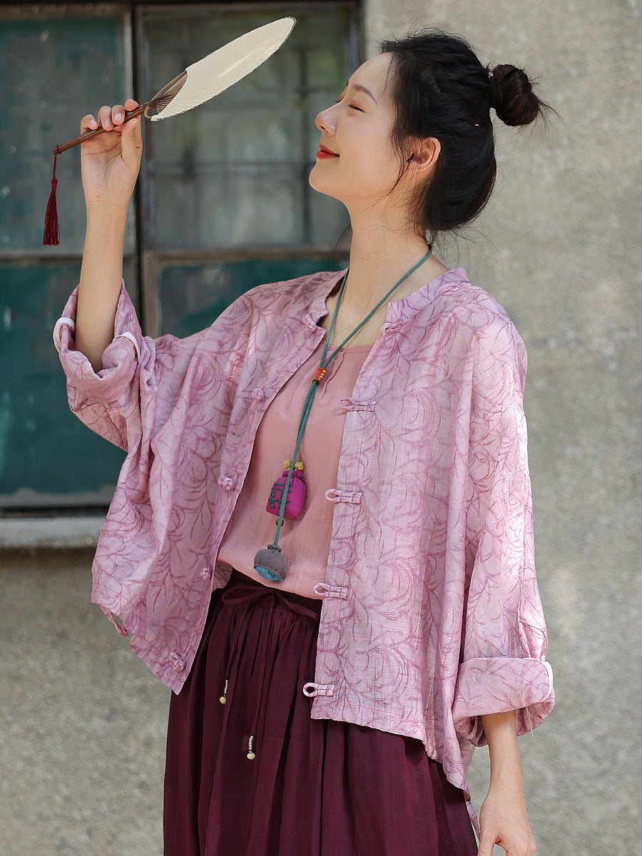 Women Summer Artsy Print Button-up Loose Shirt ZZ1034 Ada Fashion