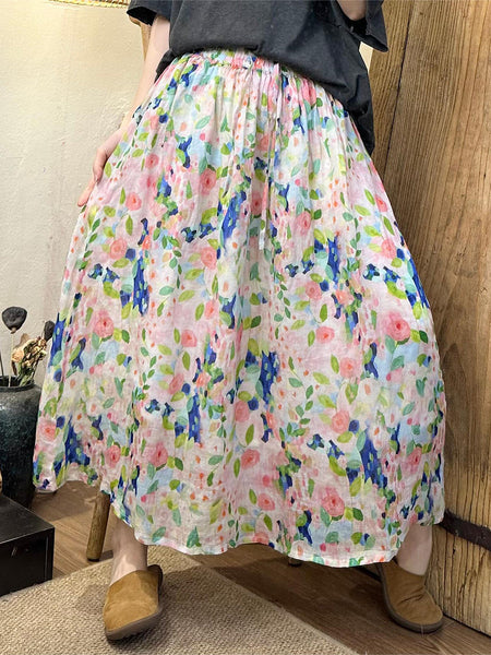 Women Summer Artsy Floral Dual-layer Ramie Skirt ZZ1055 Ada Fashion