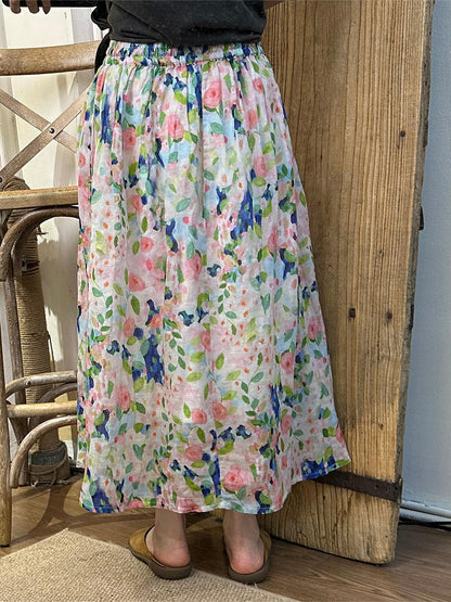 Women Summer Artsy Floral Dual-layer Ramie Skirt BN1041 Ada Fashion