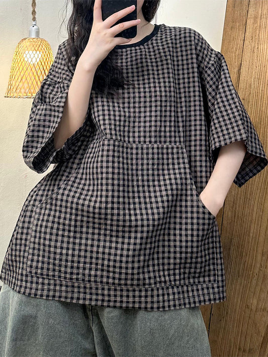 Women Summer Vintage Plaid Spliced Linen Shirt ZZ1043 Ada Fashion