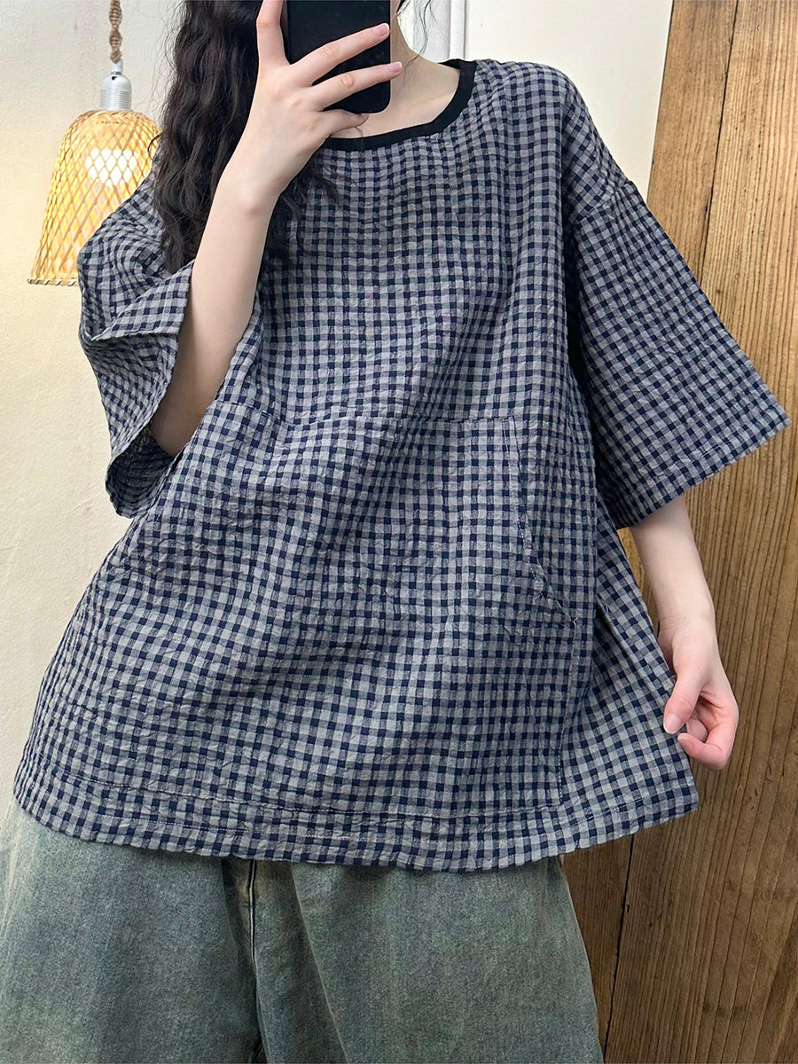 Women Summer Vintage Plaid Spliced Linen Shirt ZZ1043 Ada Fashion