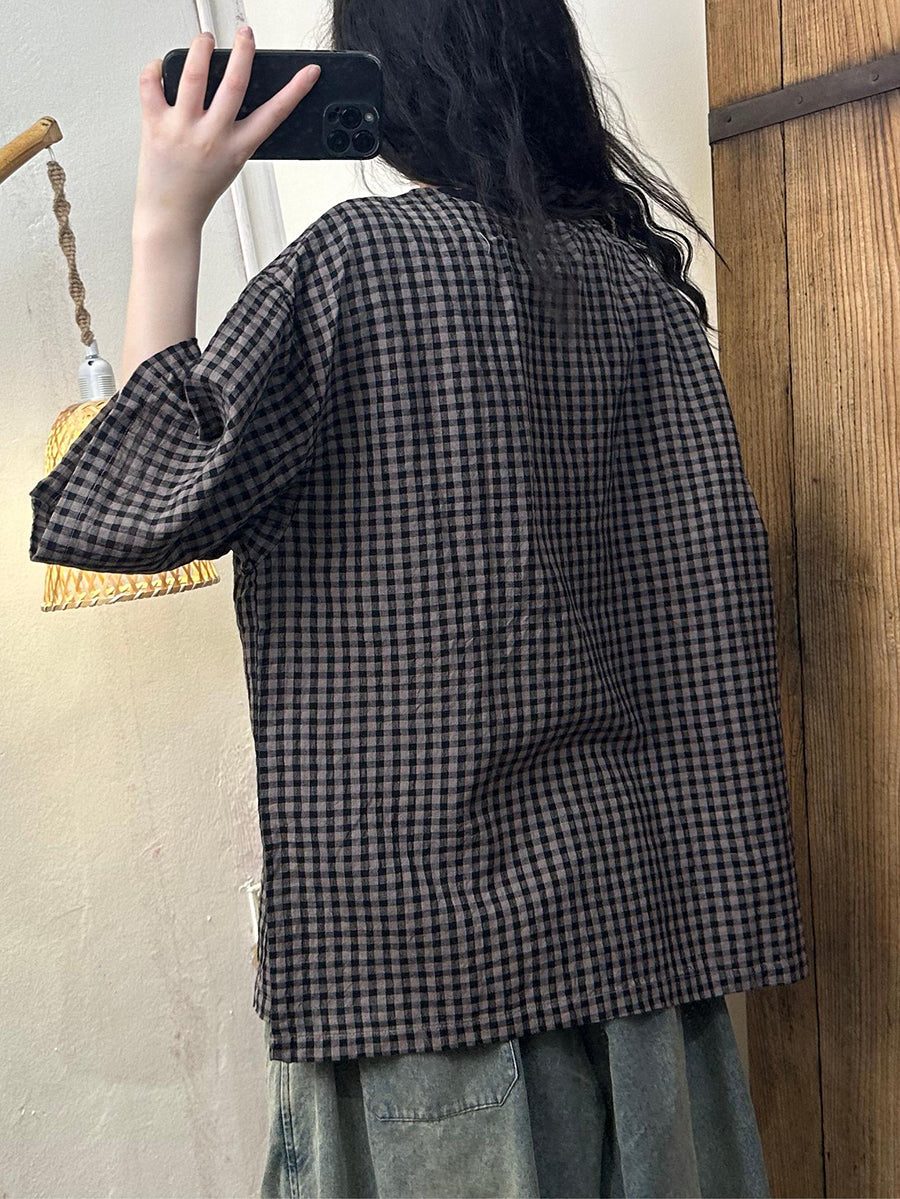 Women Summer Vintage Plaid Spliced Linen Shirt ZZ1043 Ada Fashion