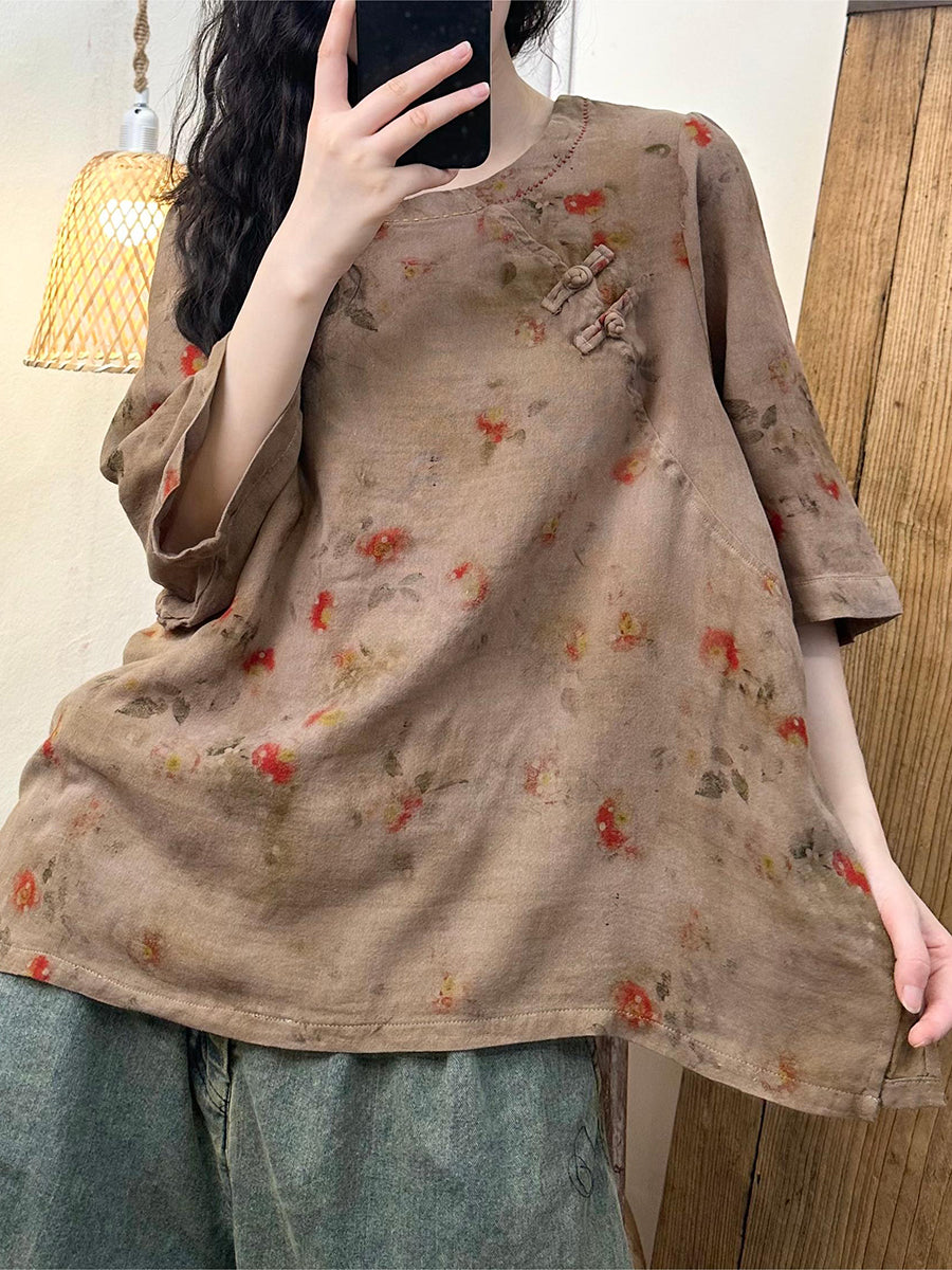 Women Summer Vintage Floral O-Neck Buckle Cotton Shirt ZZ1044 Ada Fashion