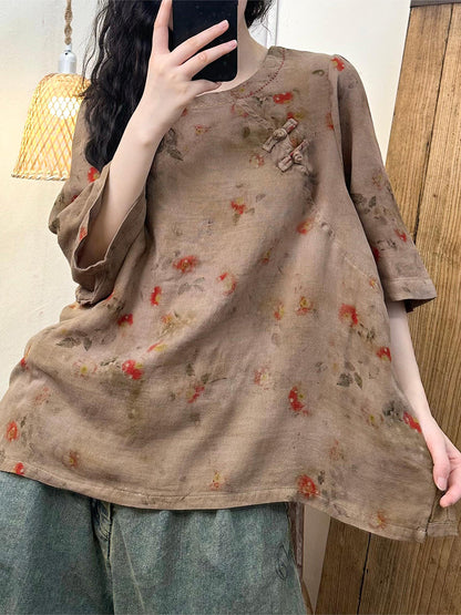 Women Summer Vintage Floral O-Neck Buckle Cotton Shirt BN1022 Ada Fashion