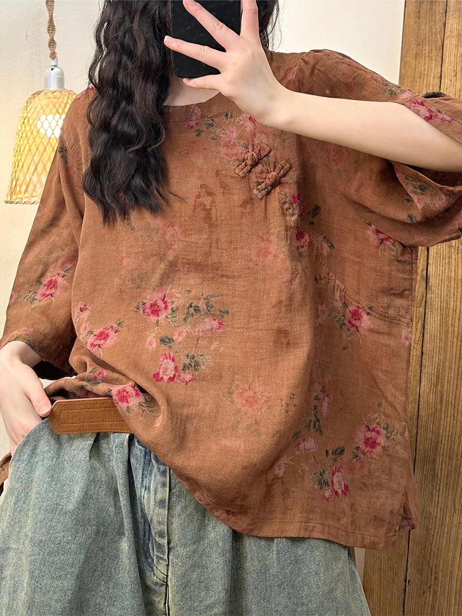 Women Summer Vintage Floral O-Neck Buckle Cotton Shirt ZZ1044 Ada Fashion