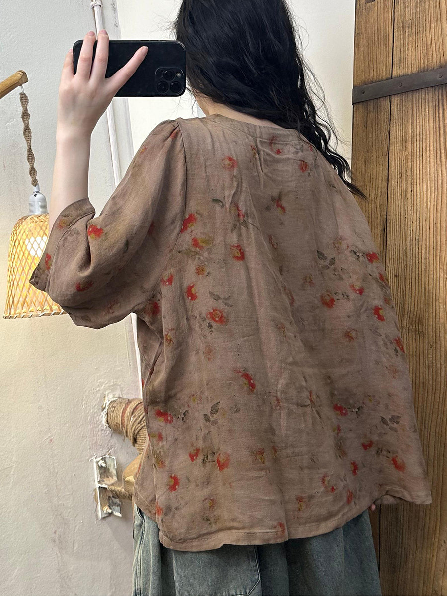 Women Summer Vintage Floral O-Neck Buckle Cotton Shirt ZZ1044 Ada Fashion