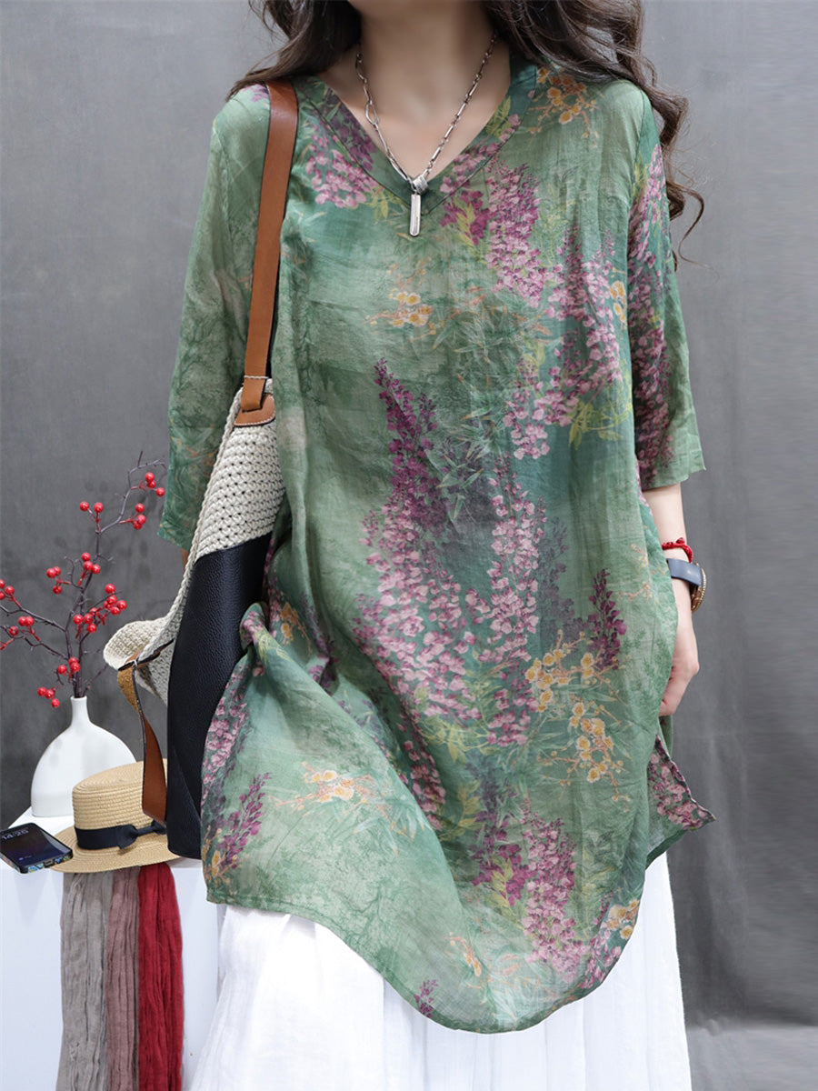Plus Size Women Summer Vintage Flower V-Neck Ramie Long Shirt II1060 LSFZ