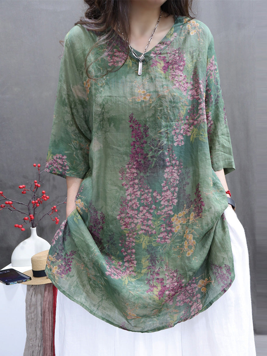 Plus Size Women Summer Vintage Flower V-Neck Ramie Long Shirt II1060 LSFZ