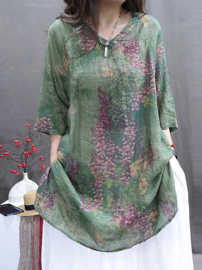 Plus Size Women Summer Vintage Flower V-Neck Ramie Long Shirt II1060 LSFZ