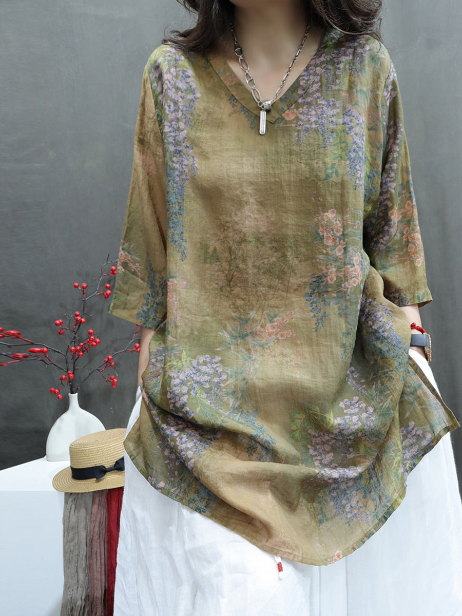 Plus Size Women Summer Vintage Flower V-Neck Ramie Long Shirt II1060 LSFZ