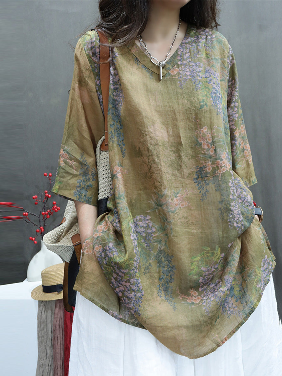 Plus Size Women Summer Vintage Flower V-Neck Ramie Long Shirt II1060 LSFZ