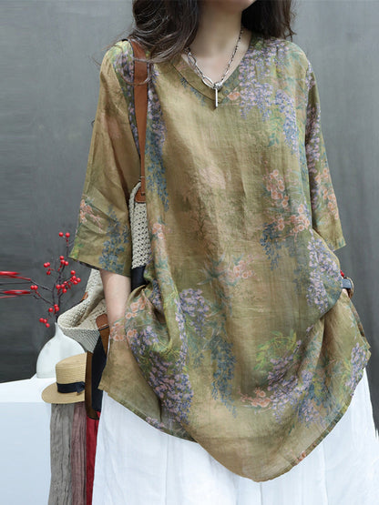 Plus Size Women Summer Vintage Flower V-Neck Ramie Long Shirt II1060 LSFZ