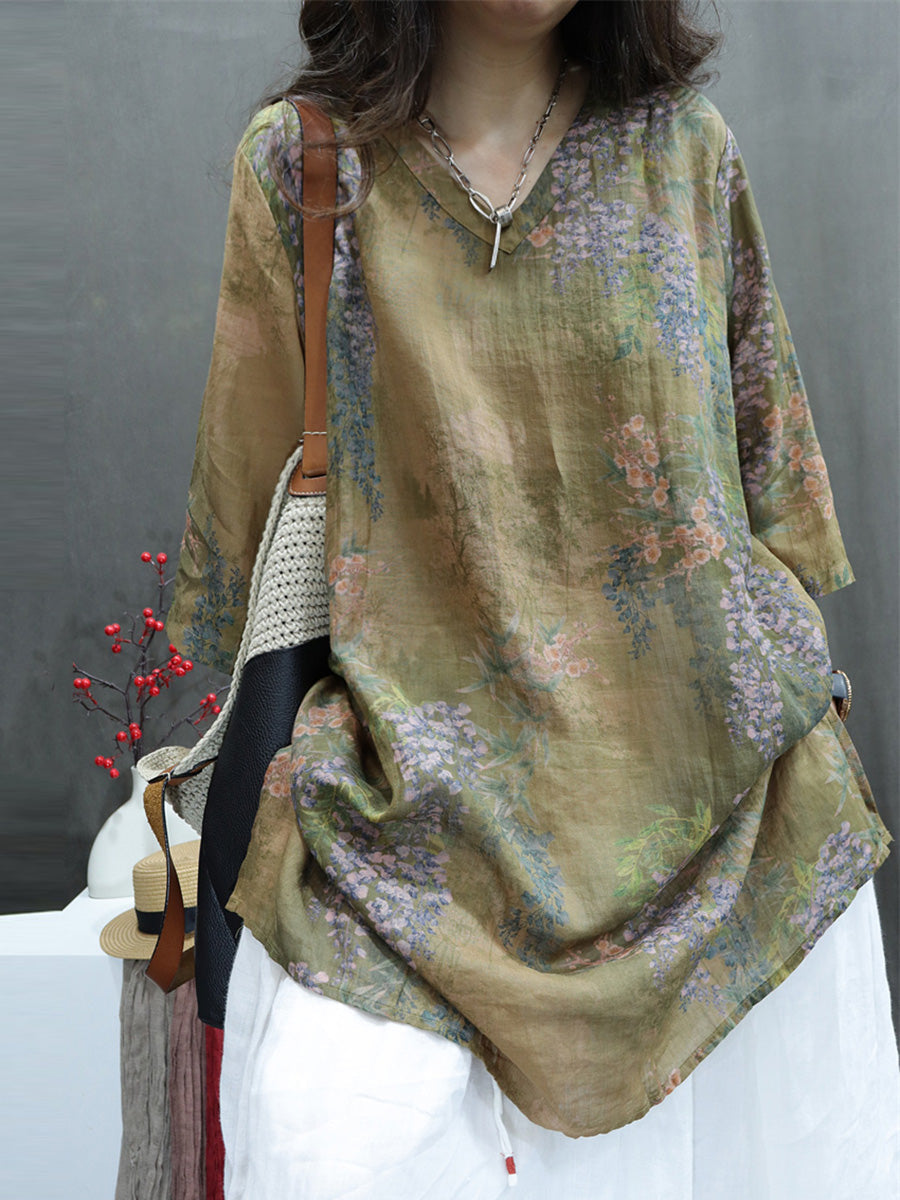 Plus Size Women Summer Vintage Flower V-Neck Ramie Long Shirt II1060 LSFZ