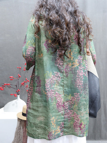 Plus Size Women Summer Vintage Flower V-Neck Ramie Long Shirt II1060 LSFZ