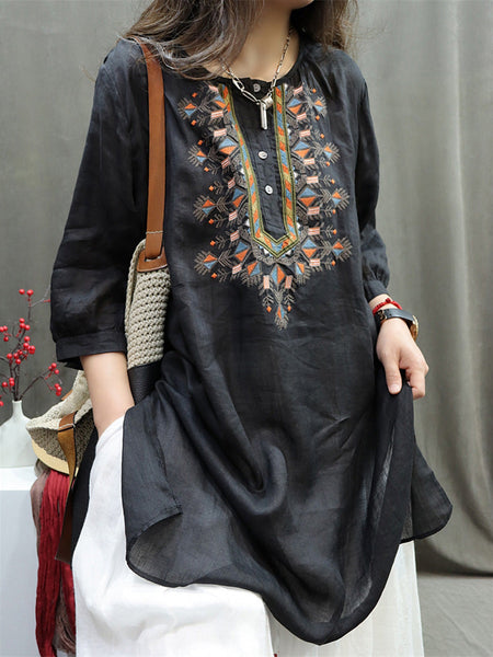 Women Summer Retro Embroidery O-Neck Ramie Shirt ZZ1049 Ada Fashion