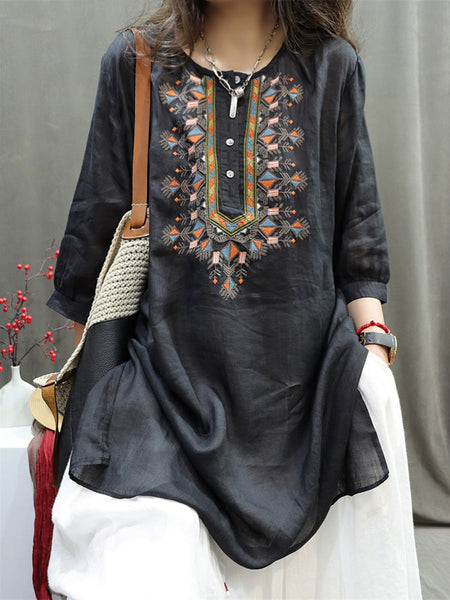 Women Summer Retro Embroidery O-Neck Ramie Shirt ZZ1049 Ada Fashion