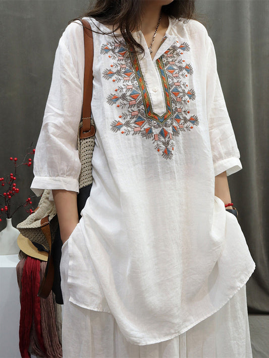 Women Summer Retro Embroidery O-Neck Ramie Shirt BN1037 Ada Fashion