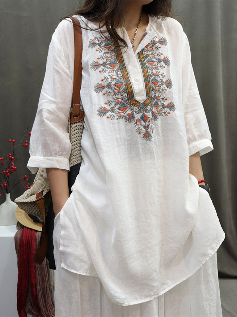 Women Summer Retro Embroidery O-Neck Ramie Shirt BN1037 Ada Fashion