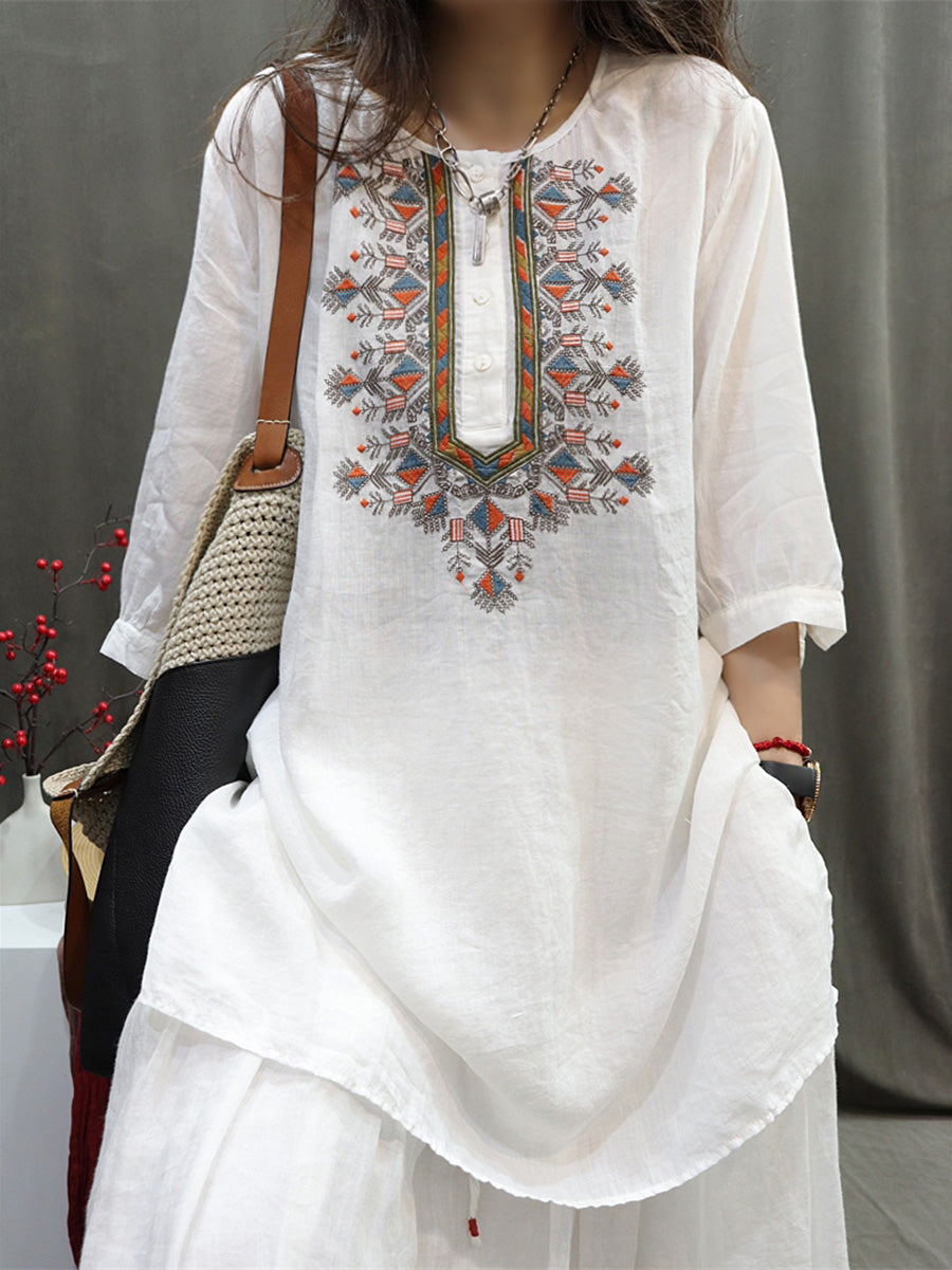 Women Summer Retro Embroidery O-Neck Ramie Shirt BN1037 Ada Fashion